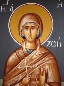 Heiligen-Fresko in Bulgarien Heilige Frau mit Kreuz - Kirche in Bulgarien